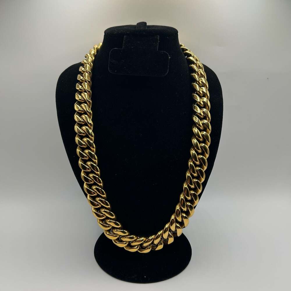 18mm Real Gold Plated Cuban Chain Stainless Steel 24 Inch Mens Solid Waterproof